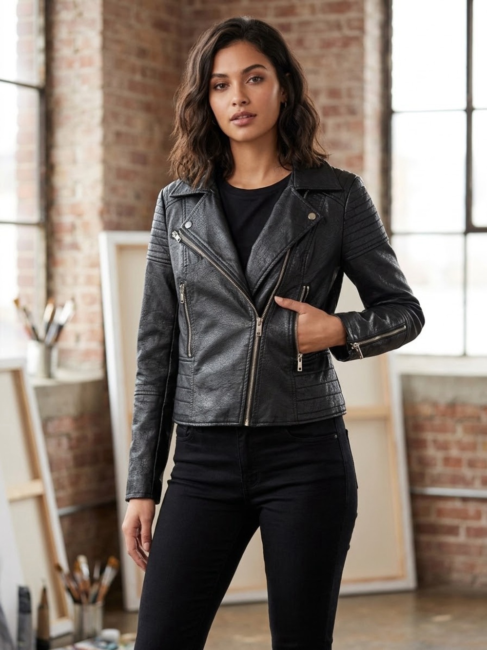 Women’s Black Faux Leather Moto Jacket with Quilted Shoulders